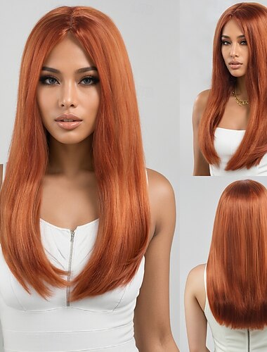  Perucas sintéticas Kinky Liso Reta natural Corte em Camadas Partida Profunda Fabrico à Máquina Peruca 20 polegadas A1 Cabelo Sintético Mulheres Repartida ao Meio Clássico Confortável Laranja