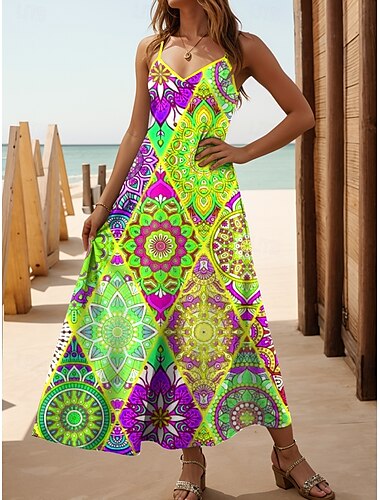  Women's Maxi Dress A Line Dress Slip Dress Vacation Casual Boho Beach Regular Fit Floral Graphic Sleeveless V Neck Spaghetti Strap Red Blue Green Summer Spring
