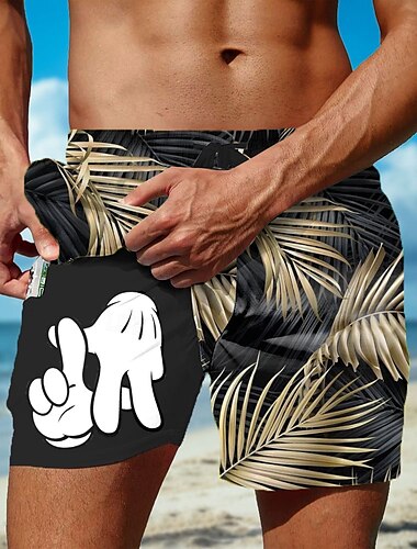  Herren Palmblatt Cartoon-Handabdruck Gefütterte Shorts 2 in 1 Badeshorts Badeshorts Mittlere Taille Hawaiianisch Ferien Strandbekleidung Seitentaschen Mit Kompressionsfutter Elastischer Kordelzug in