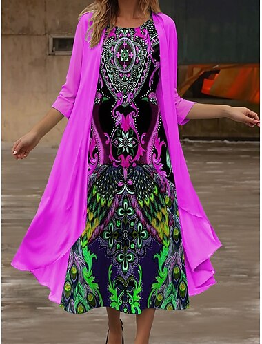  Damen Midikleid Sommerkleid Lässig Halbformelle Kleider Täglich Ferien Date Normale Passform Grafik Stammes Dreiviertelarm Rundhalsausschnitt Rosa Blau Orange Grün Sommer Frühling