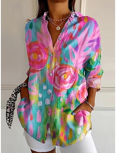  Damen Hemd Blumen Grafik Geometrisch Lässig Langarm Hemdkragen Normale Oberteile Arbeit Täglich Knöpfe Druck Weiß Rosa Himmelblau Grün Rosa Frühling Herbst Winter
