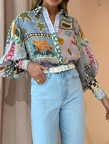  Per donna Camicia Blusa A righe Moderno Boho Manica Lunga Colletto a Camicia Top Regolari Quotidiano Ferie Uscire Bottoni Bianco Viola Estate