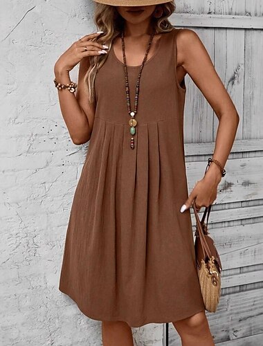  Mujer Normal Talla EU / US Mini vestido Vestido de Tanque Vestido largo de algodón Casual Estilo playero Sin Mangas Hogar Trabajo Calle Holgado Color sólido Sin Mangas Cuello Barco Marrón oscuro