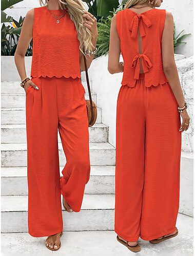  Femmes Mode Ensembles de Pantalons Sans manches Col rond Couleur Unie À lacets Dos nu Nœud Décontracté Quotidien Noir Bleu Marine Orange Été Coupe régulière