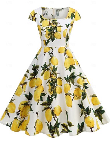  Retro Vintage 1950er Rockabilly Midlänge Cocktailkleid Ausgestelltes Kleid Blumen Quadrathals Damen Maskerade Urlaub Heimkehr Party & Abend Erwachsene Kleid Sommer