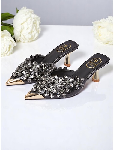  Zwarte versierde muiltjes met puntige neus voor dames – instappers met strass-bloemen en gouden accenten voor elegante cocktailparty's en avondevenementen