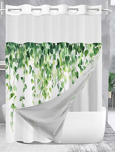  No Hook Shower Curtain 180cm*180cm(70"*70")with Snap-in Polyester Fabric Liner Sheer Top Window Waterproof Double Layer Bathtub Curtain Leaves Pattern