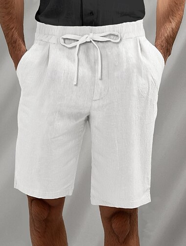  Voor heren Korte broek Linnen korte broek Zomer korte broeken Strandshorts Trekkoord Elastische taille Plooien Effen Ademend Knielengte Huis Yoga Casual Sportkleding Wit Bruin
