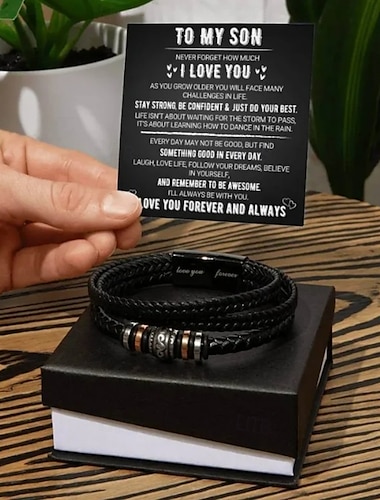  Armband voor mijn zoon, armband van roestvrij staal en leer voor heren, lasergegraveerd met de tekst 'ik hou voor altijd van je', drielaags gevlochten polsbandje met meerdere lagen, inspirerend cadeau