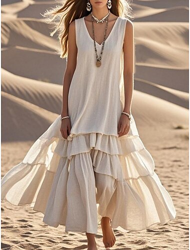  Robe maxi pour femmes Robe en A Décontractée Extérieur Sortie Plage Lin Ajustement régulier Couleur unie Unicolore Sans manches Col en V Blanc Été