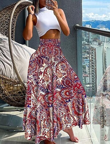  Jupe Femme Jupe Maxi Mode Bohème Vêtements de Plage Décontractés Jupe Midi Taille Haute Imprimé Floral Paisley Micro-élastique Vacances Rue Gris Vert Noir Jaune Vert Clair Été Polyester
