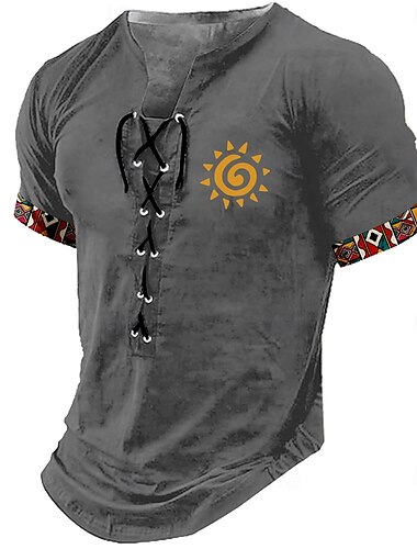  Herren Kokopelli Hemd Kurzarm T-Shirt 3D-Druck Schnürhals Hemd Retro Vintage Vintage-Retro Straße Lässig Täglich Schwarz Khaki Grau Sommer Frühling Bekleidung S M L XL XXL XXXL