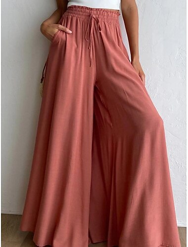  Damen Weite Chinos Baggy-Hosen Basic Lässig Vollständig Hohe Taille Einfarbig Tasche Elastischer Bund Bequem Weich Komfortabel Mikroelastisch Outdoor Straße Blau Orange Grün Khaki Sommer Frühling