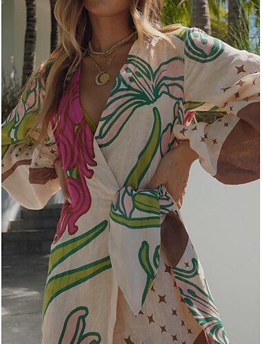  Women's Maxi Dress A Line Dress Casual Outdoor Going out Beach Standard Fit Floral Graphic Long Sleeve V Neck Beige Summer