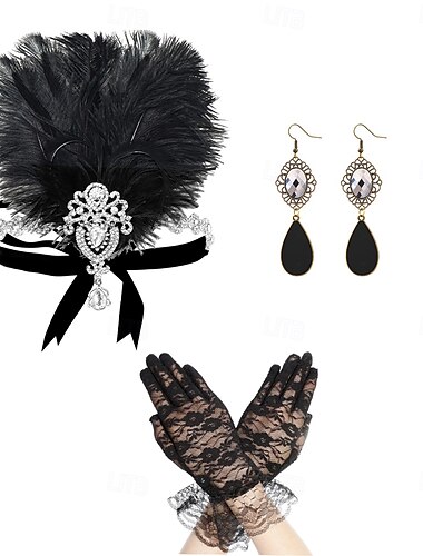  Der große Gatsby Flapper-Stirnband Perlenarmband Ohrringe Der große Gatsby Feder Retro Funkelnder Glitzer Damen Karneval Valentinstag Maskerade Party-Abendmode Maskerade Festival Erwachsene