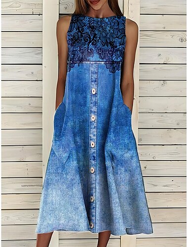  Damen Midikleid Sommerkleid A Linie Kleid Urlaub Lässig Cocktail Täglich Ferien Sommerkleid Normale Passform Grafik Geometrisch Ärmellos Rundhalsausschnitt Marineblau Königliches Blau Blau Himmelblau
