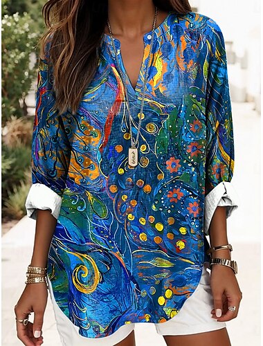 Dames Boho Blouse Bloem Grafisch Abstract Elegant Dagelijks Lange Mouw V-hals Reguliere Tops Dagelijkse Print Rood Blauw Paars Groen Zomer Lente