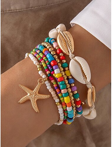  Boho-Armbandset mit Muschelperlen für Damen – 7-teiliges Stretcharmband mit Seestern-Anhänger in verschiedenen Farben für Sommer-Strandkleidung und Resort-Kleidung