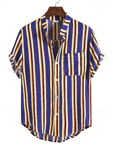  Voor heren Overhemd Popover-shirt Zomer overhemd Normaal shirt Strand hemd Lichtgeel Geel Rood blauw Donkerblauw Korte mouw Gestreept Band Kraag Vakantie Hawaii Zak Kleding Katoenmix Modieus Casual