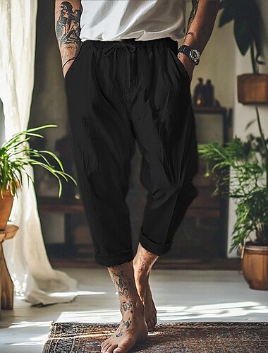  Herren Leinenhosen Hose Sommerhose Baggy-Hosen Strandhose Fronttasche Falten Gerader Schnitt Einfach Komfort Atmungsaktiv Volle Länge Outdoor Urlaub Party Urlaub Mode Lässiger Schnitt Schwarz Weiß