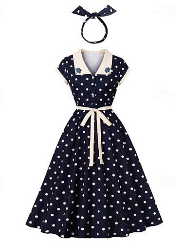  Polka Dots Retro Vintage 1950s Grease Outfits Jurk Swing Jurk Polka Dots Feestjurk Vrouwen Carnaval Maskerade Dagelijks Draag Volwassenen Jurk Haarband