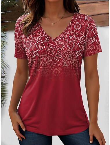  Damen T Shirt Grafik Paisley-Muster Bohemien Stilvoll Lässig Kurzarm V Ausschnitt Normale Oberteile Täglich Wochenende Strandbekleidung Druck Weiß / Schwarz Schwarz Rote Leicht Braun Purpur Sommer