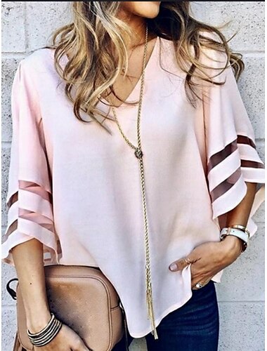  Damen Bluse Einfarbig Stilvoll Lässig Dreiviertelarm V Ausschnitt Normale Oberteile Täglich Netz Patchwork Schwarz Weiß Rosa Rote Leicht Blau Sommer Frühling