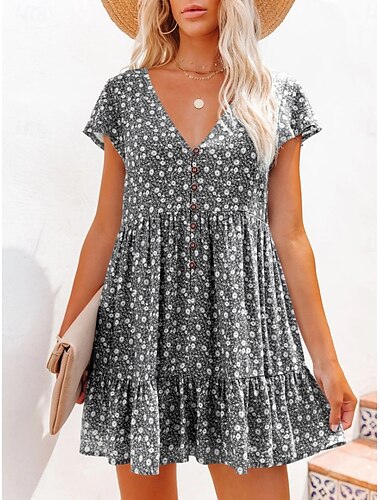  Per donna Mini Abito Abito a trapezio Casual All'aperto Uscire Vestibilità regolare Floreale Grafico Manica Corta Spalline sottili Nero Blu Azzurro cielo Viola Estate Primavera