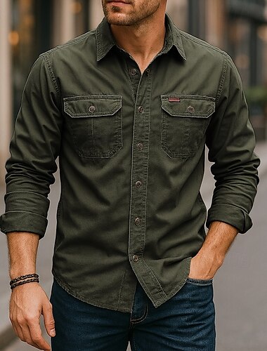  Herren Freizeithemd Arbeitshemd Knopfhemd Dunkelmarine Kaki Hellgrau Armeegrün Langarm Einfarbig Revers Urlaub Ferien Button-Down Bekleidung Mode Lässig Bequem