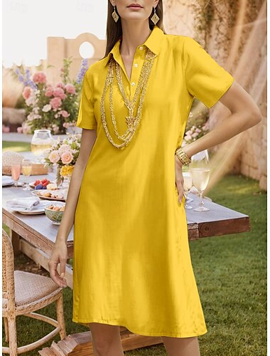  Robe Midi Femme Robe A Ligne Couleur Unie Vacances Décontracté Quotidien Rendez-vous Coupe Régulière Simple Couleur Unie Manches Courtes Col Chemise Blanc Jaune Vin Marine Été