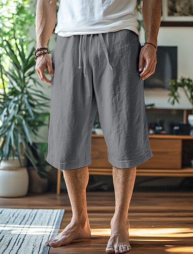  Herren Caprihose Shorts Leinenshorts Sommershorts Strandshorts Kordelzug Fronttasche Gerader Schnitt Einfach Komfort Atmungsaktiv Wadenlang Outdoor Urlaub Heim Urlaub Mode Lässiger Schnitt Schwarz
