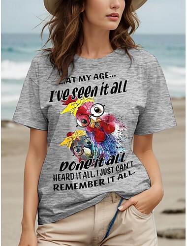  Femmes T-shirt Chemise en coton Graphique Coq Lettre ancien Élégant Classique Manche Courte Col ras du cou Col rond Hauts Réguliers Quotidien Imprimé Noir Blanche Gris Été