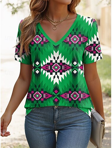  Women's T Shirt Graphic Geometric Vintage Stylish Classic Short Sleeve V Neck Regular Tops Daily Print Red Royal Blue Blue Green Summer Spring