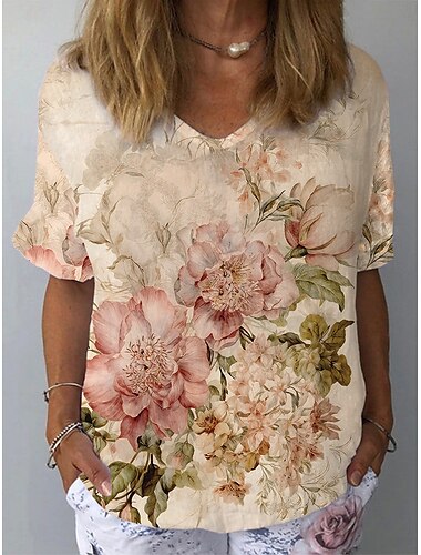  Mulheres Camisa Social Floral Gráfico Plantas à moda Clássico Casual Manga Curta Gola Redonda Tops regulares Diário Roupa de Praia Roupas de férias Imprimir Amarelo Azul Azul Céu Branco gasto Cáqui