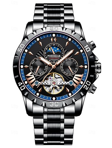  Orologio meccanico automatico di lusso per uomini tourbillon vuoto impermeabile luminescente con data settimana in acciaio inox