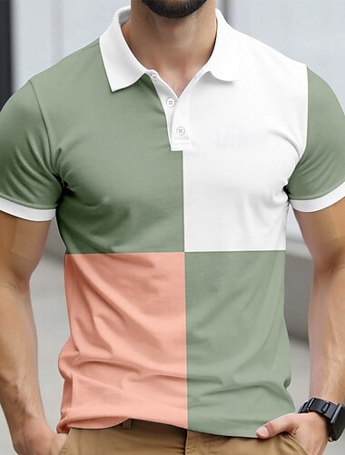  Herren Farbblock Polo Kurzarm Polo-Shirts Hemden mit Kragen Lässig Schule Outdoor Alltagskleidung 3D-Druck Sommer Blau Grün Grau