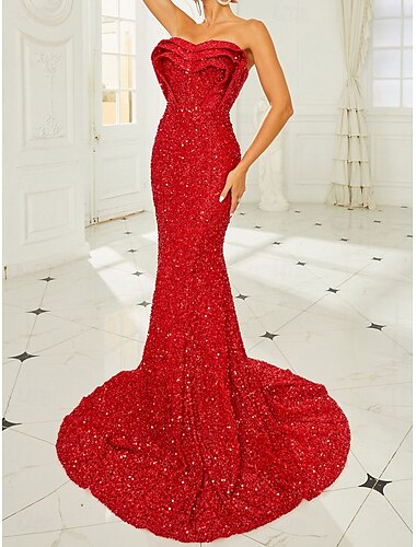  Meerjungfrauenschnitt Quinceanera-Kleider Elegant Kleid Hochzeit Hochzeitsgast Bodenlange Schleppe Ärmellos Trägerlos Polyester Rückenfrei mit Paillette 2025