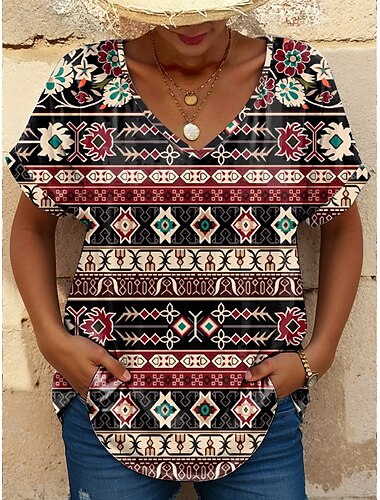  Women's T Shirt Graphic Geometric Paisley Bohemia Vintage Stylish Short Sleeve V Neck Regular Tops Daily Going out Beach Wear Print Black White Brown Summer Spring