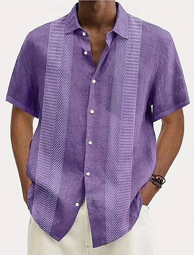  Men's Geometric Line Shirt Casual Shirt Button Up Shirt Short Sleeve Fashion Casual Vacation Holiday Streetwear Summer Turndown 3D Print Front One Pocket Linen Like Shirt Blue Purple Green