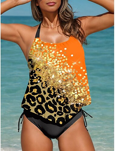  Damen Badeanzüge Tankini 2 Teile Frecher Badeanzug Rückenfrei Urlaub Strandbekleidung Ombre Grafik U-Ausschnitt Ärmellos Badeanzüge