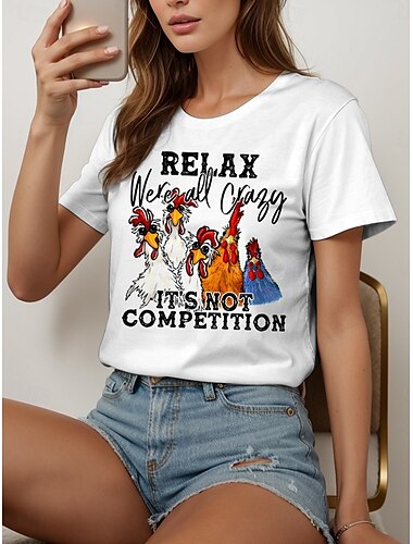  Women's T Shirt Cotton Shirt Graphic Rooster Letter Vintage Stylish Classic Short Sleeve Crew Neck Round Neck Regular Tops Daily Print White Gray Summer