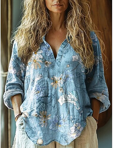  Damen Hemd Blumen Bohemien Vintage Hawaiianisch Langarm Hemdkragen Normale Oberteile Täglich Ferien Knöpfe Druck Schwarz Weiß Marineblau Blau Purpur Sommer