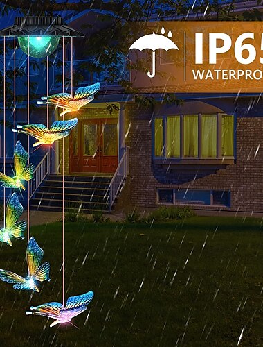  1 st. waterdichte, op zonne-energie werkende, blauwe en gele vlinderwindgonglamp voor op het balkon, binnenplaats, landschapsverlichting, hangende decoratieve lamp