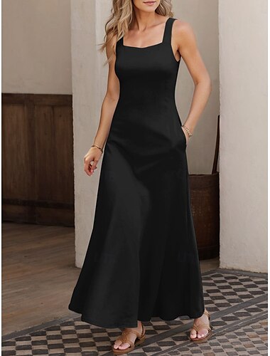  Damen Maxikleid A Linie Kleid Sommerkleid Schulterfreies Kleid Urlaub Lässig Party Date Normale Passform Einfarbig Grafik Ärmellos Quadrathals Schwarz Weiß Rosa Grau Sommer Frühling
