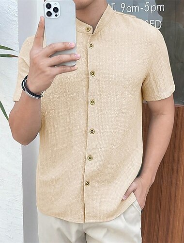  Voor heren Overhemd Zomer overhemd Normaal shirt Strand hemd Overhemd met knopen Zwart Wit Rood Koningsblauw Hemelsblauw Korte mouw Effen opa kraag Opstaande boord Vakantie Hawaii Kleding Polyester