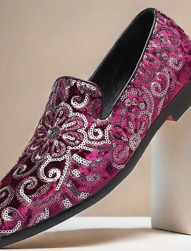  broderte slip-on loafers med lilla blomster for menn – stilige kveldssko i fløyel for skoleball og formelle arrangementer