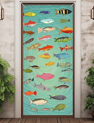  Decoraciones de puerta de peces oceánicos cubiertas de puerta tapiz de puerta decoración fondo interior/exterior banner de puerta para puerta principal de casa de campo