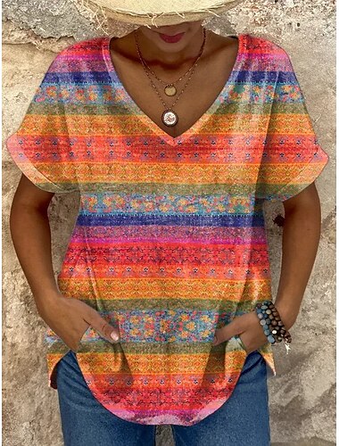  Dames T-shirt Grafisch Geometrisch Kleurenblok Stijlvol Casual Korte mouw V-hals Normale tops Dagelijks Weekend Afdrukken Regenboog Zomer Lente
