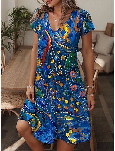  Dames Mini-jurk T shirt jurk A lijn jurk Zomerjurk Casual Dagelijks Normale pasvorm Vlag Abstract Korte mouw V-hals blauw Zomer