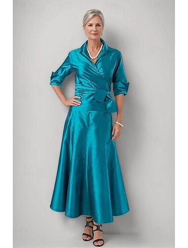  Ensemble Robe Mère de la Mariée A-Ligne Deux Pièces Élégante Simple Minimaliste Col Chemise Longueur Cheville Satin Polyester Manches Mi-Longues avec Drapé Couleur Unie Robe Derby Jour de Course 2025